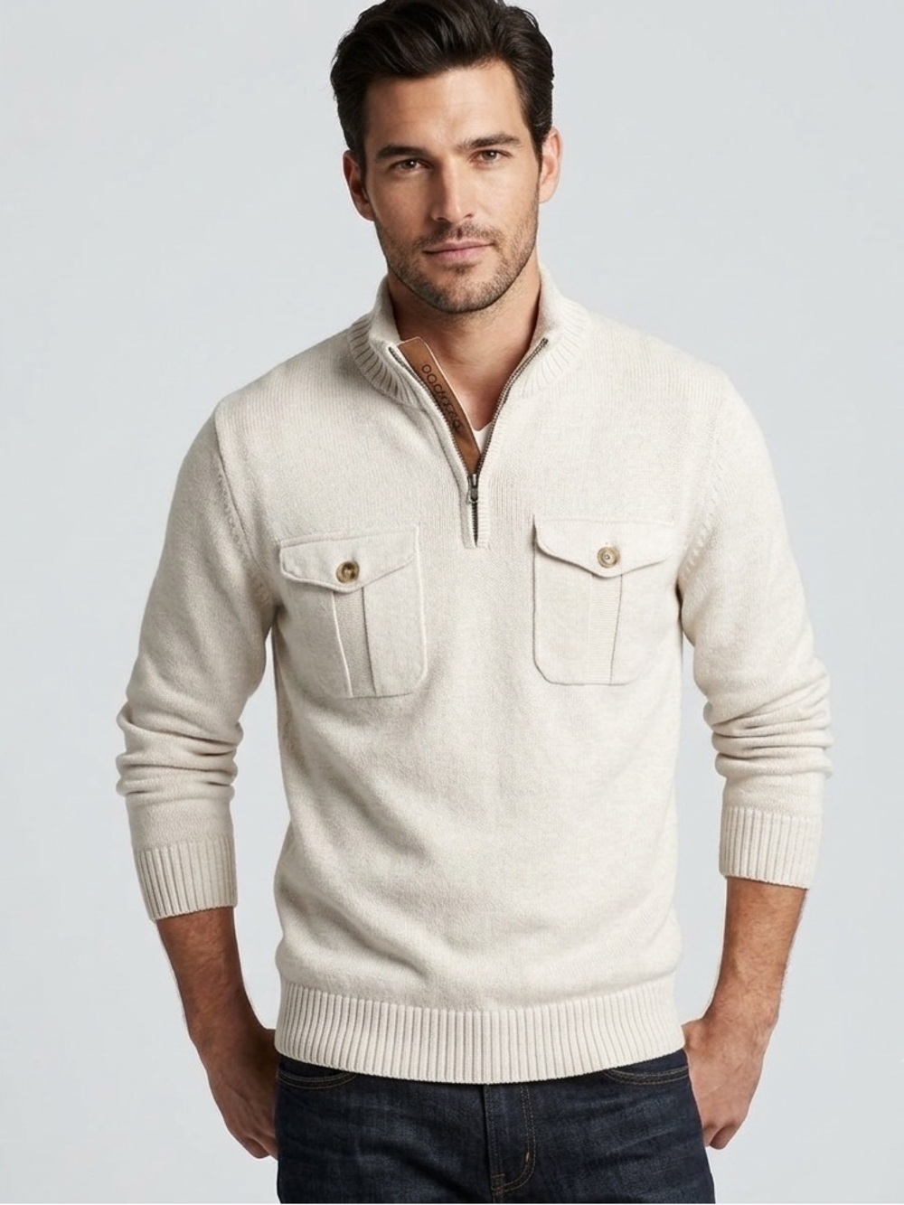 Dockers Men’s Cream Tan 1/4 Zip Sweater with Chest Pockets, Size Large